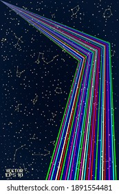 Abstract Iridescent Pattern with Panoramic Sky Map of Hemisphere. Blue and Yellow Constellations on Starry Night Background. Colorful Festive Striped Texture. Vector. 3D Illustration