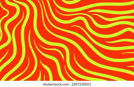 Abstract iridescent pattern of wavy green lines. Composition with red background. Vector illustration, EPS 10. Hippie and psychedelia. Copy space. Funky style.