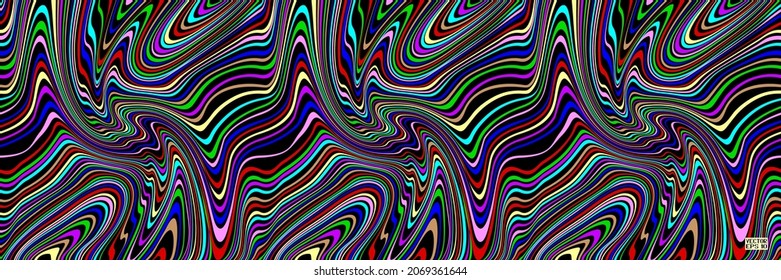 Abstract Iridescent Seamless  Geometric Pattern with Waves. Colorful Striped Texture. Psychedelic Wallpaper. Vector Illustration