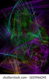 Abstract Iridescent Striped Pattern. Discontinuous Lines Isolated on Black Background. Digital Spider Web. Vector. 3D Illustration