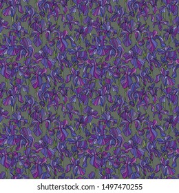 Abstract iris flowers vector seamless pattern. Nature violet and purple petals background. Floral field hand drawn elegant texture.