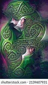 Abstract Irish Celtic floral weave pattern in green, yellow and orange colors. Creative interpretation of traditional patterns. Vector Background for the design of the album, poster.