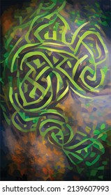 Resumen del patrón de tejido floral céltico irlandés en los colores verde, amarillo y naranja. Interpretación creativa de patrones tradicionales. Fondo vectorial para el diseño del álbum, afiche.