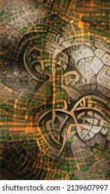 Abstract Irish Celtic floral weave pattern in green, yellow and orange colors. Creative interpretation of traditional patterns. Vector Background for the design of the album, poster.