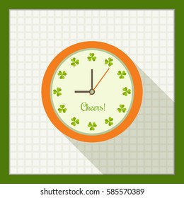 Abstract Irish Clock With Shamrocks And Long Shadow. Cheers Message