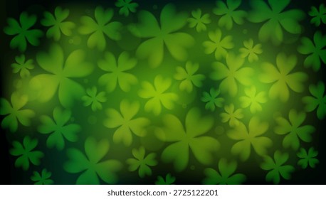 Abstractas fondo de trébol de trébol irlandés con luces bokeh verdes. Ilustración vectorial de la superposición festiva del día de San Patricio con hojas de suerte suaves y brillantes para un diseño navideño moderno.