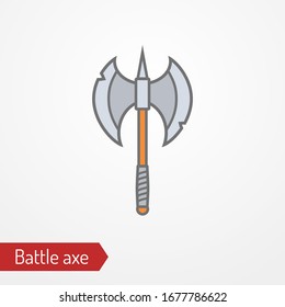 Abstract iron two-headed battle axe. Isolated icon in flat style. Typical medieval barbarian, viking or fantasy creature hand weapon. Vector stock image.