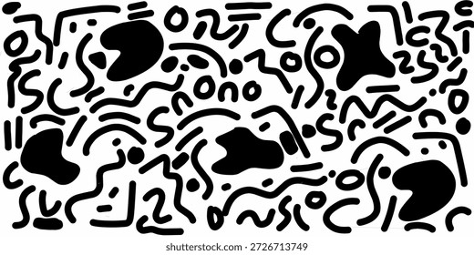 Abstractas manchas negras irregulares. Una colección de patrones negros dibujados a mano. Blobs negros y garabatos de línea negra al azar.