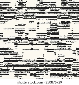 Abstract irregular damaged stroke textured background in black and white. Seamless pattern. Vector.
