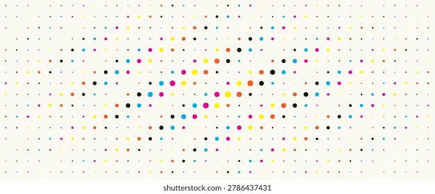 Abstract Irregular Dotted Pattern Wavy Halftone Texture Dynamic Colorful Wave Background for Action Sport, Cyber Sport, Science, Edtech, Music, Future Technology. Bright Rainbow Dots Vector Backdrop.