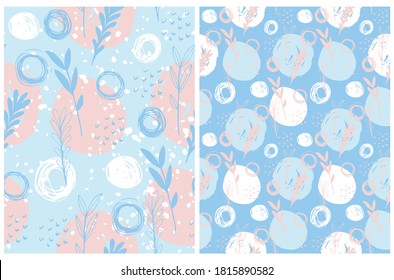 Abstract Irregular Floral Seamless Vector Patterns. White and Pink Hand Drawn Twigs and Dots on a Light Blue Background. Freehand Scribbles and Leaves Backdrop. Infantile Style Garden Print. 