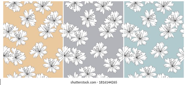 Abstract Irregular Floral Seamless Vector Patterns. Hand Drawn Flowers on a Pastel Blue, Pale Yellow and Gray Background. Simple Tropical Garden Print. 