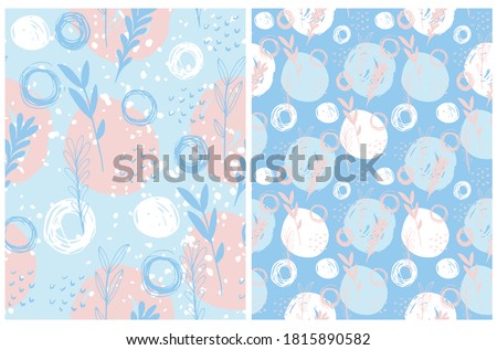 Abstract Irregular Floral Seamless Vector Patterns. White and Pink Hand Drawn Twigs and Dots on a Light Blue Background. Freehand Scribbles and Leaves Backdrop. Infantile Style Garden Print. 