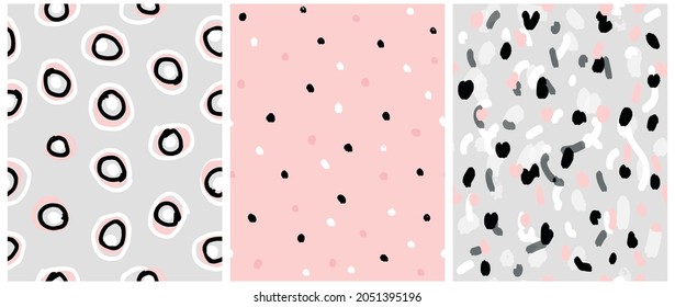 Resumen Patrones De Vectores Irregulares Geométricos Sin Marea. Círculos y puntos de pincel irregulares blancos, rosados y negros sobre un fondo rosa y gris pastel. Impresión simple de garabatos abstractos ideal para el tejido. 