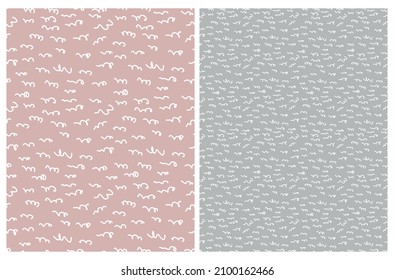 Resumen Mano Irregular Dibujó Patrones Vectores De Estilo Infantil. Líneas onduladas blancas en un fondo rosado y gris turbio. Impresión geométrica sin foco geométrica moderna, ideal para tejidos, textiles. 