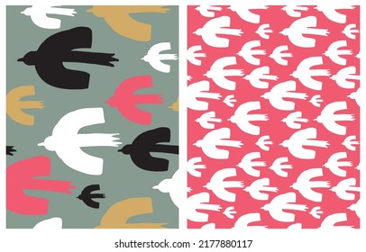 Abstract Irregular Hand Drawn Childish Style Vector Patterns with Simple Black, White, Gold and Red Flying Birds on a Red and Light Dusty Green Background. Modern Seagull Seamless Pattern. 