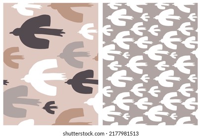 Abstract Irregular Hand Drawn Childish Style Vector Patterns with Simple Brown, White, Gray and Beige Flying Birds on a Light Blush and Light Dusty Brown Background. Modern Seagull Seamless Pattern. 