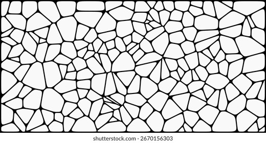 Padrão de polígono irregular abstrato semelhante a pedra rachada ou vitral com contornos pretos aleatórios.