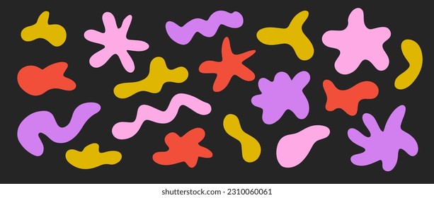 Abstract irregular shapes set. Bright liquid organic blobs on dark background. Random amorphous blots, clouds, bubbles and waves element collection for banners, posters, collages. Vector pack.