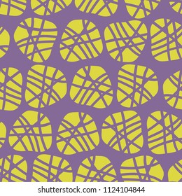 Abstract irregular shapes vector seamless pattern. Lime silhouettes of dots on a purple background. Great for fabric prints, paper projects, and packaging. Great fit for the kids market.