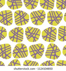 Abstract irregular shapes vector seamless pattern. Purple and lime dots on a white background. Great for fabric prints, paper projects, and packaging.