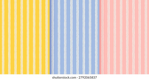 Abstract irregular striped seamless pattern background set. Blue, pink and yellow hand drawn vertical wavy lines. Simple geometric print for textile, wallpaper and wrapping paper. Vector illustration