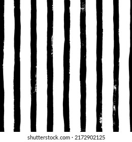 Abstract irregular striped textured seamless pattern. Vertical parallel straight brush strokes. Black and white geometric abstract background. Vector vertical stripes trendy background.