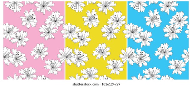 Abstract Irregular Vivid Color Floral Seamless Vector Patterns. Hand Drawn Flowers on a Blue,Yellow and Pink Background. Simple Tropical Garden Print. 