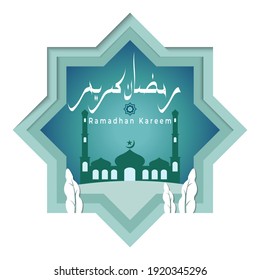 Abstract Islamic background. Papercut vector illustration.  Illustration with green silhouette symbol of mosque. Handwritten Arabic calligraphy means Ramadan Kareem.