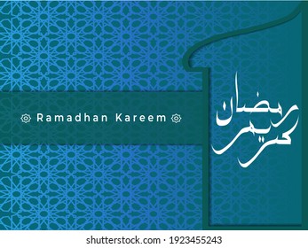Resumen de antecedentes islámicos. Tarjeta vectorial Ramadan Kareem con patrón verde. La caligrafía escrita a mano en árabe significa Ramadán Kareem. Antecedentes azules tradicionales para el mes sagrado musulmán.