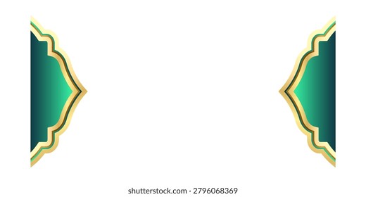 Abstract Islamic banner background with elegant green and gold geometric mosque gate frame