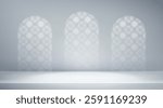 Abstract islamic grey empty studio room. Light Ramadan background shadow muslim arabesque ornament . 3d gradient backdrop light arabic arch window texture. Product presentation. Vector illustration