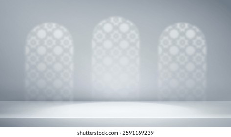 Abstract islamic grey empty studio room. Light Ramadan background shadow muslim arabesque ornament . 3d gradient backdrop light arabic arch window texture. Product presentation. Vector illustration