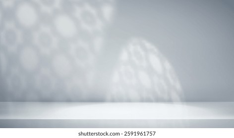 Abstract islamic grey empty studio room. Light Ramadan background shadow muslim arabesque ornament . 3d gradient backdrop light arabic arch window texture. Product presentation. Vector illustration