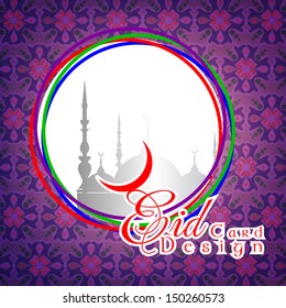 Abstract Islamic Illustration on Eid Mubarak card design in shiny color background.