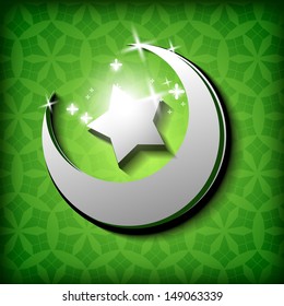 Abstract Islamic Illustration on shiny moon with green color background.