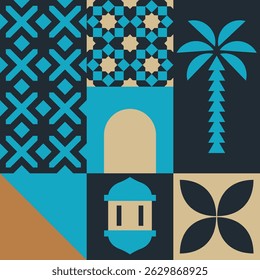 Elementos de azulejos islâmicos abstratos em formato vetorial geométrico estilizado, representando arquitetura e motivos sagrados.