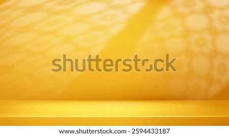 Abstract islamic yellow empty studio room. Light Ramadan background shadow muslim arabesque ornament . 3d gradient backdrop light arabic arch window texture. Product presentation. Vector illustration