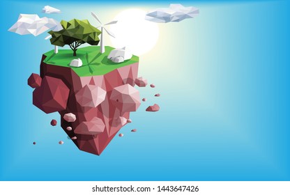 Abstract island green grass saving energy landscape background concept,green tree,stone and sunrise blue sky background,low poly,geometric and triangle shape design,vector art and illustration.