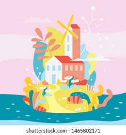 Abstract island landscape background, nature with hills, plants and water around- vector background for websites, banners, covers. Fantasy scene concept, dreaming world. Children's dream home, mill.