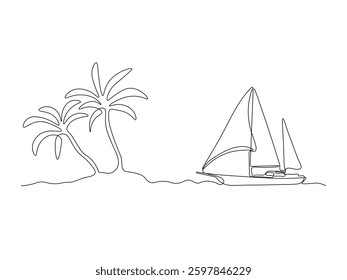 Abstract island in the ocean with palm trees and the yacht, continuous single one line art hand drawing sketch logo