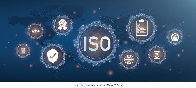 Abstract ISO quality control concept. Dark background guaranteed. Concept of gear mechanism and cogwheel. Wireframe. Low polygon blue mesh with points, lines and shapes.