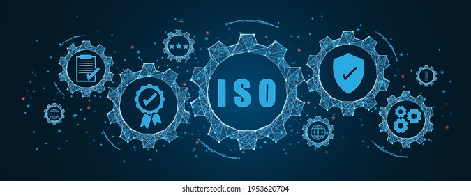 Abstract ISO standards quality control concept, assurance warranty in dark background. Cogs and gear wheel mechanisms concept. wireframe low polygonal blue mesh with dots, lines, and shapes.