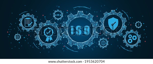 Abstract ISO standards quality control concept,\
assurance warranty in dark background. Cogs and gear wheel\
mechanisms concept. wireframe low polygonal blue mesh with dots,\
lines, and shapes.