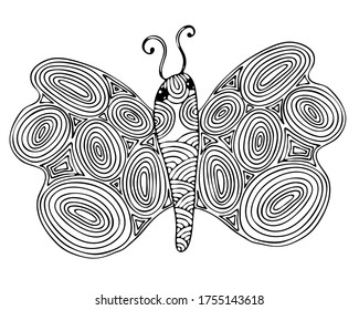 Abstract isolated black line butterfly  for tattoo, coloring book for adult and kids on the white background.