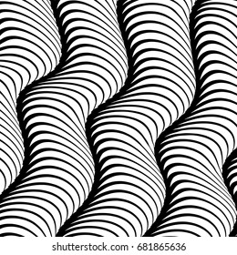 Abstract isolated black and white waved stripes vector background. 3d waves optical illusion effect