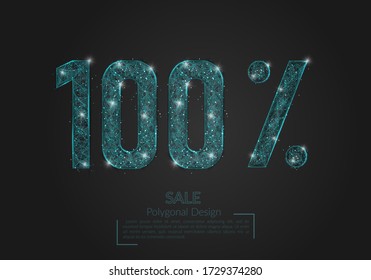 Abstract isolated blue 100% sale concept. Polygonal illustration looks like stars in the blask night sky in spase or flying glass shards. Digital design for website, web, internet