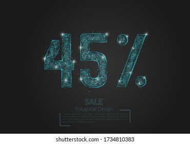 Abstract isolated blue 45% sale concept. Polygonal illustration looks like stars in the blask night sky in spase or flying glass shards. Digital design for website, web, internet.