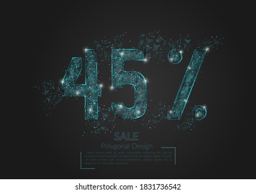 Abstract isolated blue 45% sale concept. Polygonal illustration looks like stars in the blask night sky in spase or flying glass shards. Digital design for website, web, internet.