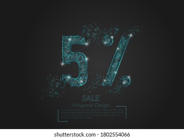 Abstract isolated blue 5% sale concept. Polygonal illustration looks like stars in the black night sky in space or flying glass shards. Digital design for website, web, internet